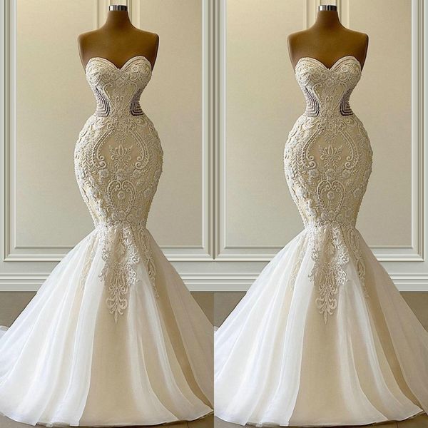 

2021 vestido de novia mermaid wedding dresses formal bridal gowns arabic sweetheart embroidery lace appliques crystal beads luxury illusion, White
