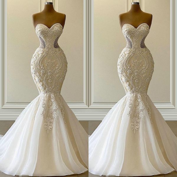 2021 Vestido De Novia Meerjungfrau Brautkleider Formelle Brautkleider Arabisch Schatz Stickerei Spitze Applikationen Kristall Perlen Luxus Illusion Sweep Zug Plus Size