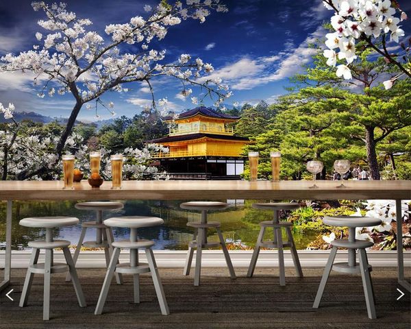

wallpapers beautiful sakura gold color temple 3d wallpaper mural papel de parede,living room tv sofa wall bedroom papers home decor
