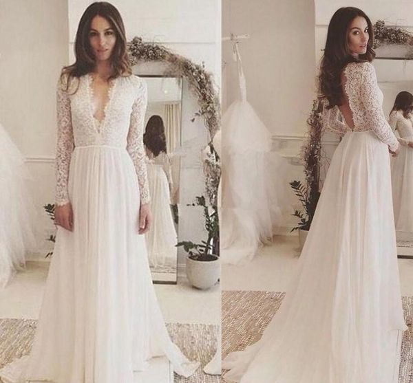 

2021 boho lace wedding dresses long sleeves chiffon sweep train deep v neck custom made beach wedding gown vestido de novia plus size, White