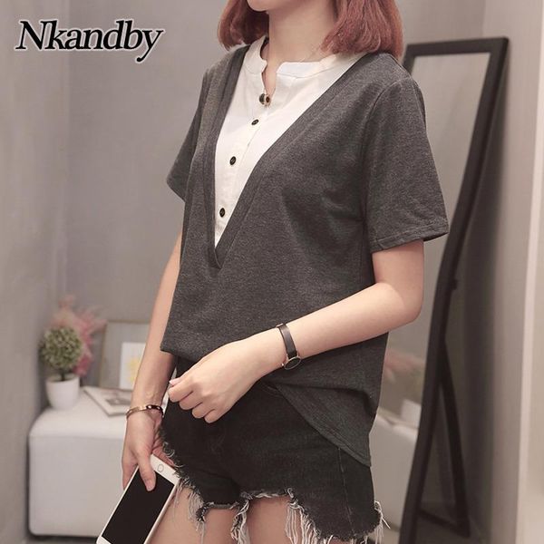 

women's t-shirt plus size women tshirt 2021 summer fashion button v-neck short sleeve loose t shirt oversize korean style cotton femin, White
