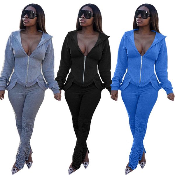 

2021 new women two piece set bodycon drop shoulder long sleeve hooded split stacked leggings jogger outfit wholesale dropshipping uy5h, Gray