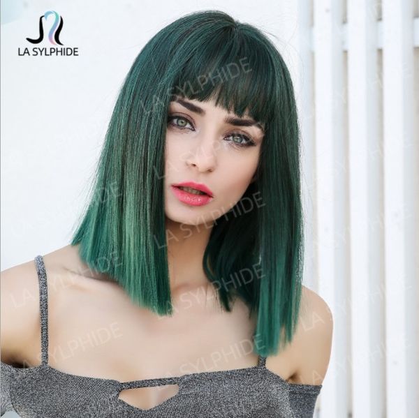 

synthetic wigs short women hair green 10 inch brand air bangs straight girl, Black