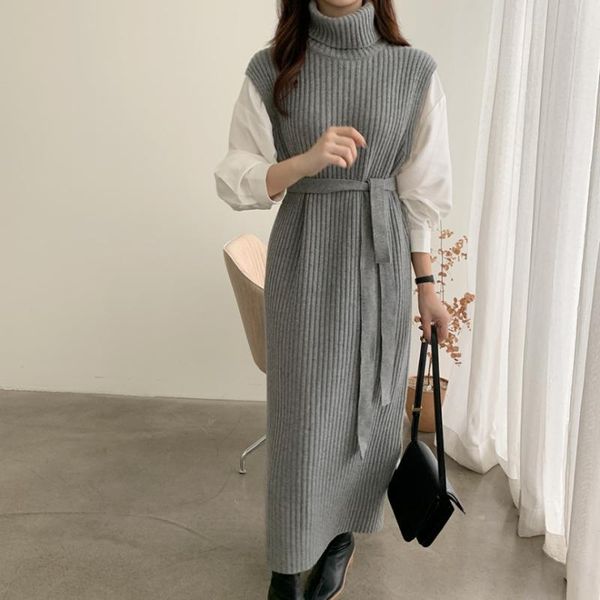 

casual dresses turtleneck women knitted vest dress 2021 autumn winter sleeveless loose long sashes sweaters jumpers female pullover f413, Black;gray