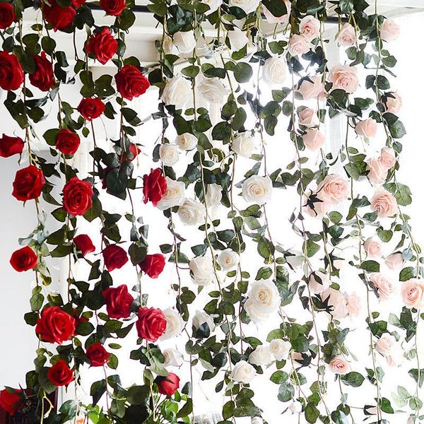 

180cm artificial rose flower vine wedding decor real touch silk flowers string with green leaves for home hanging garland decor