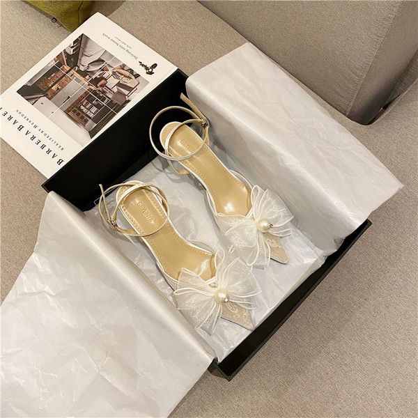 

sandals 2021 summer style ladies pearl bow stiletto heel hollow high heels lace women's shoes, Black