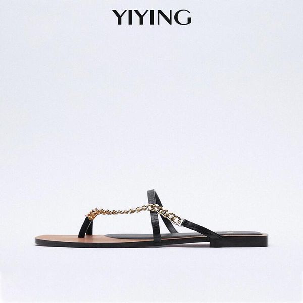 

slippers 2021 summer women's sandals fashion black square toe shoes designer chain decorated flat with