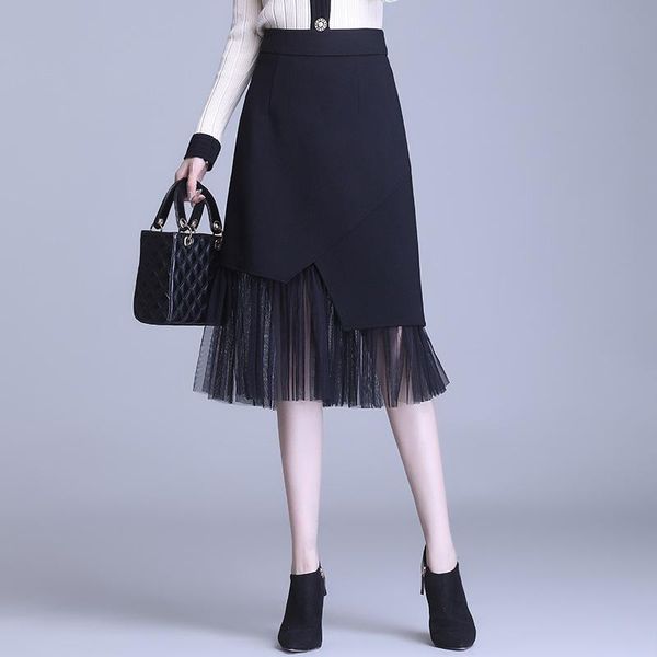 

plus size women's 2021 new spring and autumn commuter professional female skirts high waist mesh mid-length skirt office, Black