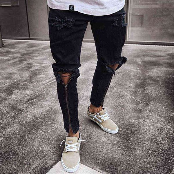 

fashion men ripped biker jeans streetwear slim denim pants elastic skinny destroyed hip hop zip black jeans 2019 casual trousers, Blue
