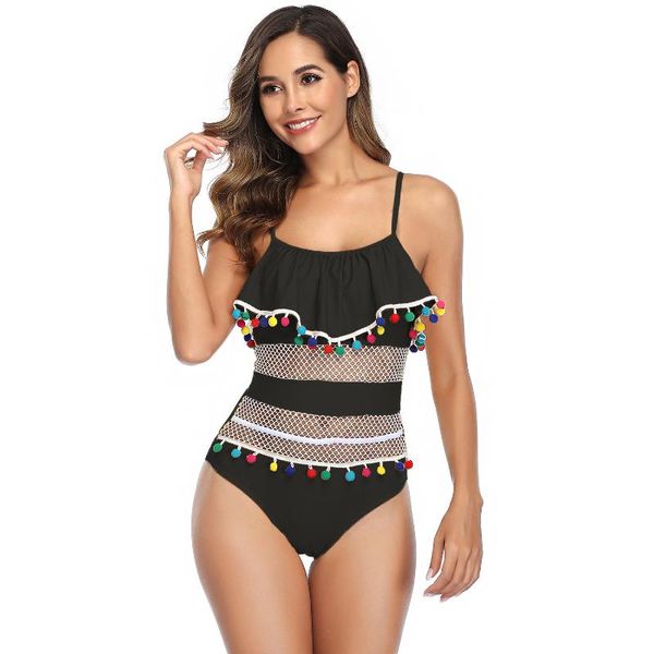 

black swimsuit for women ruffled fishnet patckwork one piece monokini swimwear summer beach wear bathing suit