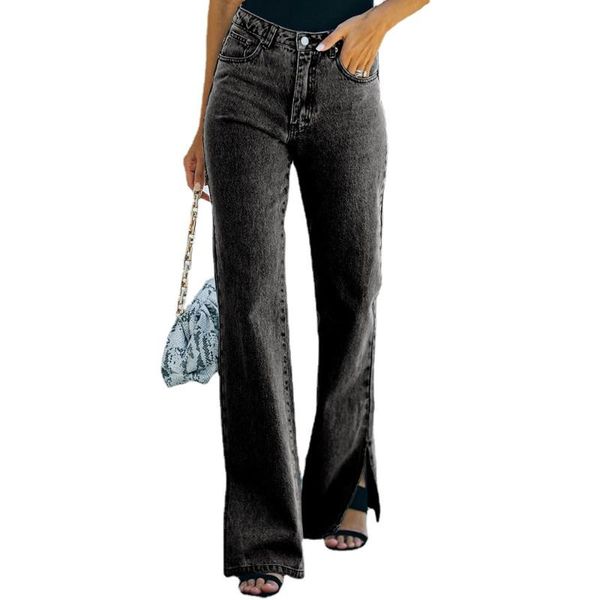 

women's jeans women pants summer fashion casual solid split fork elegant mid waist button zipper mujer de moda denim trousers, Blue