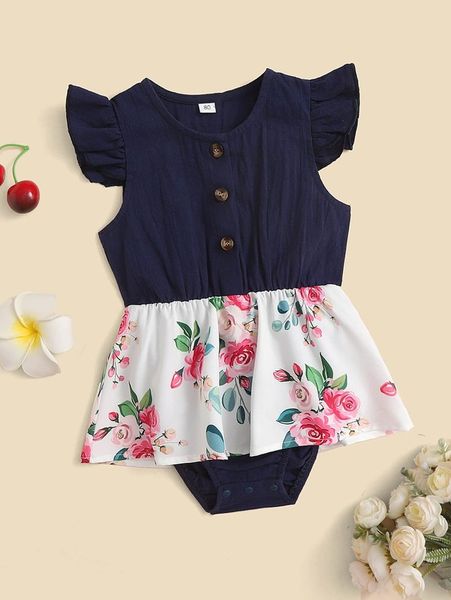 

baby 1pc floral print butterfly sleeve combo bodysuit dress she, Red;yellow