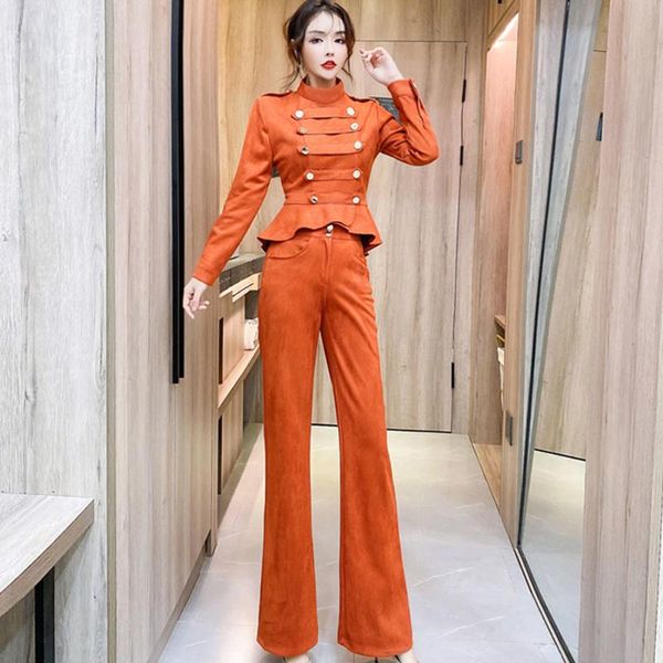 

women's two piece pants 2021 autumn spring women sets full sleeve leather velvet coat + long trousers lady 2 pieces suits, White