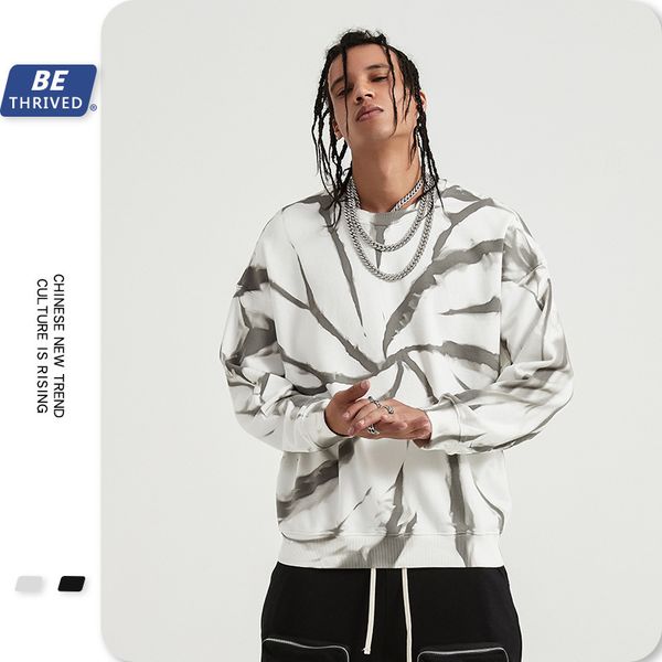 

be men's clothing autumn 2021 spiral tie dyed high gram heavy coat dark wind lazy high street round neck sweater, Black