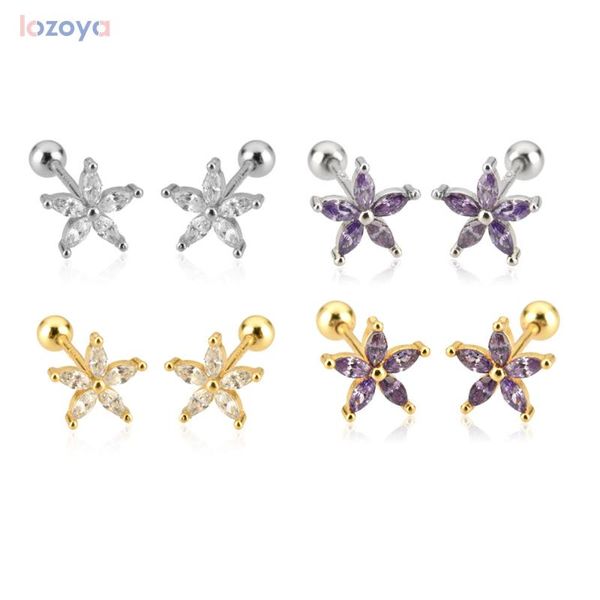 

stud lozoya 925 sterling silver piercing pendiente clear zircon five ovals flower earring tiny wedding crystal rock punk, Golden;silver
