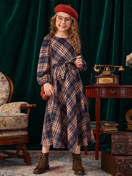 

girls tartan lantern sleeve belted a-line dress she, Red;yellow
