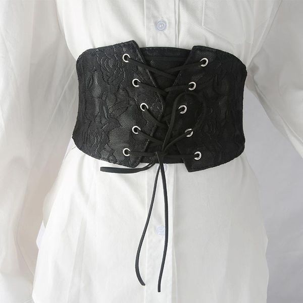 

belts women lace waistband elastic wide band tied ruffled corset waist cincher belt pu leather ladies punk feminin ceinture, Black;brown
