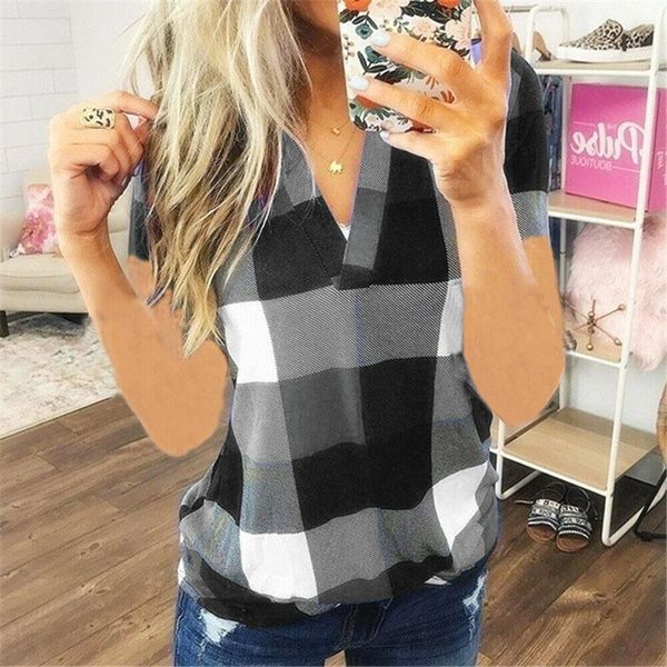 

new polyester fashion women ladies summer v neck plaid short sleeve loose casual shirt blouse gray green red blue, White