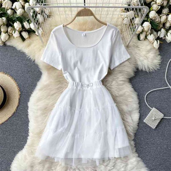 

women's summer fashion round neck short sleeve slim casual shirts dress + mesh skirts two piece sets s727 210527, White