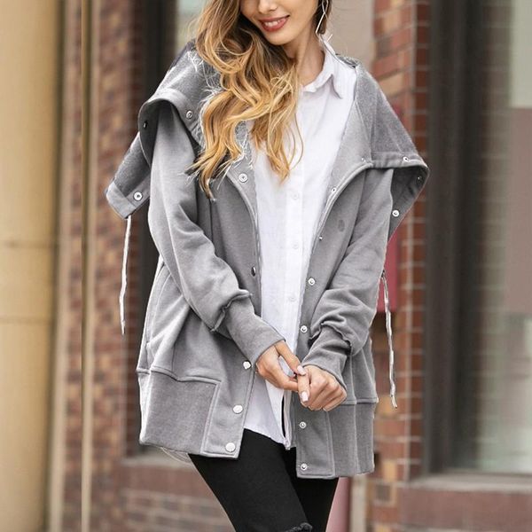 

women's hoodies & sweatshirts autumn fashion turndown collar overcoat outerwear coat slim solid color femme women's casual hooded, Black