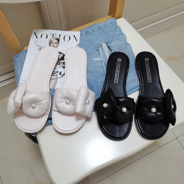 

slippers novelty pearl round&square decoration modern women 2021 sandalias flipflops summer beach shoes comfy ins fashion slides, Black