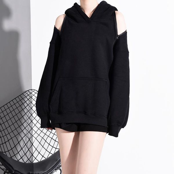 

women's hoodies & sweatshirts lanmrem 2021 spring and autumn round neck hooded zippers lantern sleeves pullover sweatshirt female pb913, Black