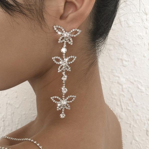 

dangle & chandelier trendy long tassel butterfly earring drop for women girl party jewelry shining zircon earrings wedding, Silver