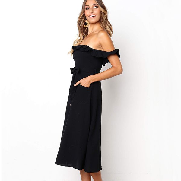 

off shoulder ruffle women dress elegant black button sash summer dress casual female midi lady vestidos festa, Black;gray