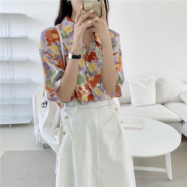 

women's blouses & shirts alien kitty floral print women 2021 summer korean style lapel shirt casual short sleeve woman clothes blusas, White