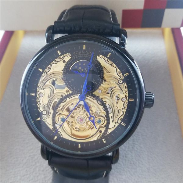 

wristwatches forsining 2021 skeleton clock male moon phase fashion blue hands waterproof men's automatic mechanical watches, Slivery;brown