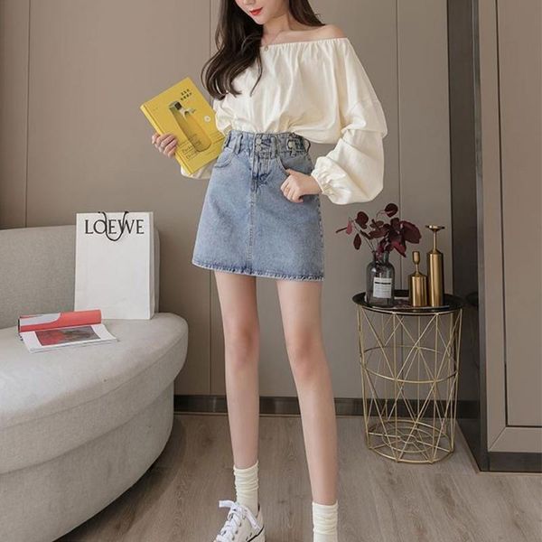 

skirts p8db women high waist double button zip casual slim a-line mini jeans denim skirt, Black