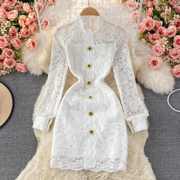 

casual dresses aibeautyer autumn solid slim lady full dress a line stand collar chiffon single breasted button women, Black;gray