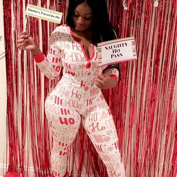 

2021 christmas printed rompers women jumpsuit v neck long sleeve bandage playsuit sleepwear casual party bodysuit homewear, Black;white