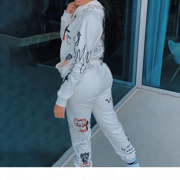 

kancool print graffiti streetwear two 2 piece set tracksuit female white black hoodies pants women matching outfits sweatsuit, Gray