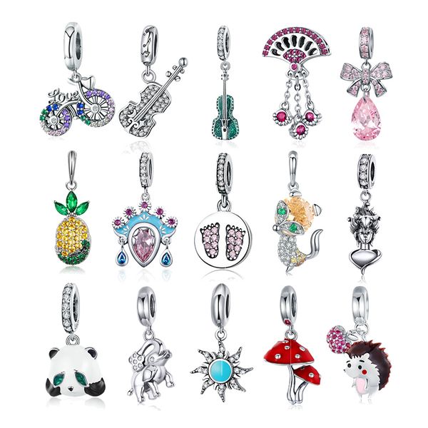 Autêntico 925 Sterling Silver CZ Violino Abacaxi Peking Ópera Cristal Pingente Charms para Original Snake Pulseira Colar Presentes Q0531