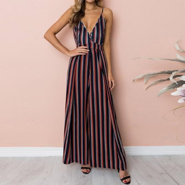 

women's jumpsuits & rompers fashion women jumpsuit sleeveless striped summer romper wide leg trousers womens v-neck casual clubwear out, Black;white