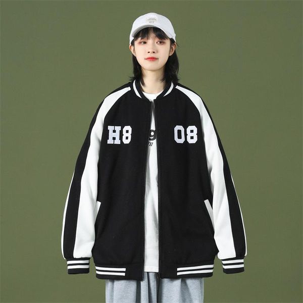 

women's jackets letter embroidery baseball jacket women hit color stand collar zipper uniform student harajuku casual loose outwear, Black;brown