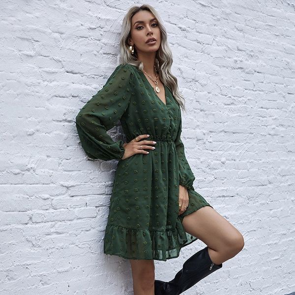 

2021 new chiffon mini women fashion ruffle v neck long sleeve plus size casual boho beach ladies elegant party es vestidos 3mmr, Black;gray