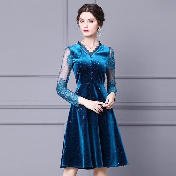 

casual dresses gold velvet dress draw back thin the autumn and winter temperament lace v-neck long sleeve inside, Black;gray