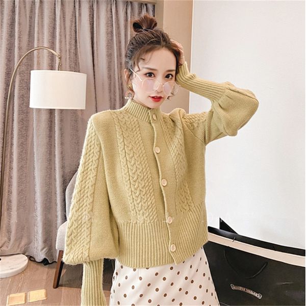 

retro chic knitted cardigan winter fashion warm lantern sleeve solid jumper korean ins elasticity casual loose sweater, White;black