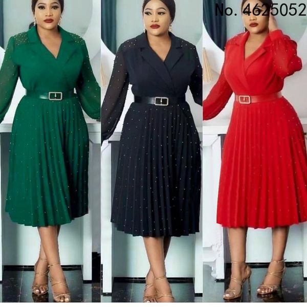 

ethnic clothing elegant pleated midi dress for african women dashiki beads long sleeve office wear dresses 2021 plus size ladies party, Red