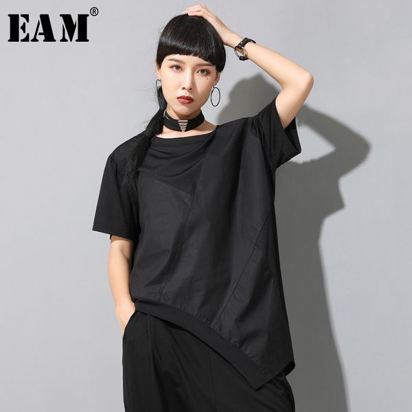 

[eam] women black irregular split joint big size t-shirt new round neck long sleeve fashion tide spring summer 2021 1w050 210309, White