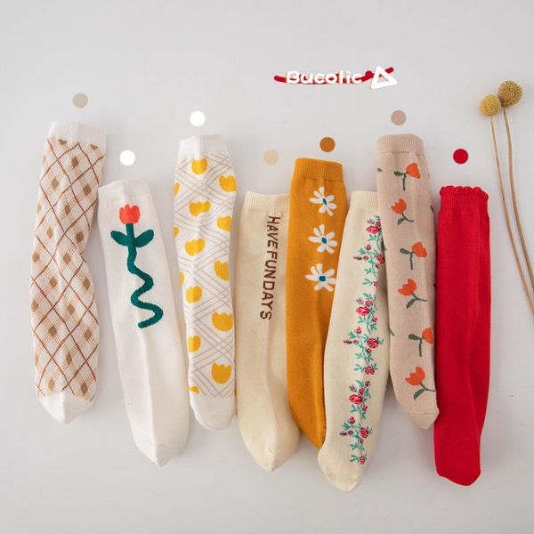 

socks children's spring autumn in the long tube floral toddler's tide baby girl clothes for born soft comfortable, Pink;yellow