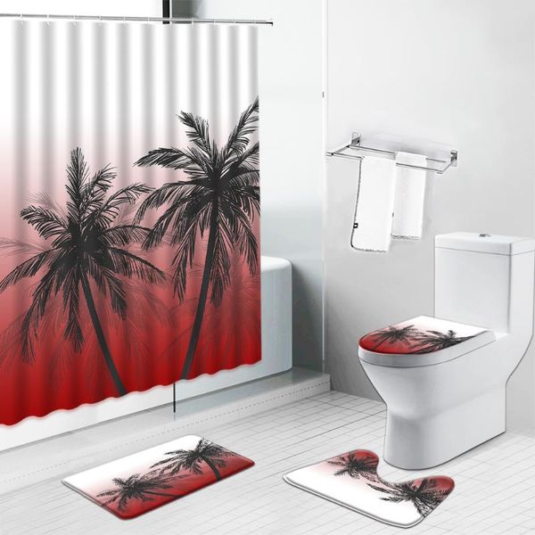 

shower curtains palm trees curtain tropical plants hand painted non-slip bath mat carpet toilet cover rug home decor bathroom set