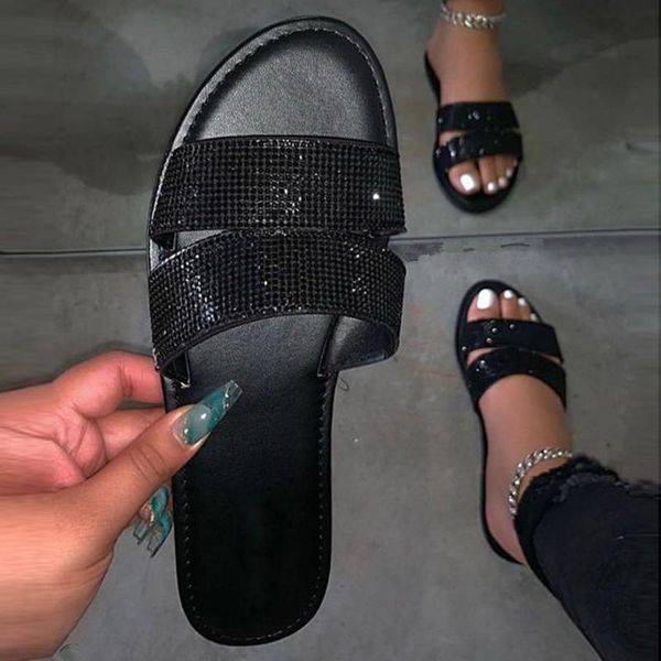 

slippers rhinestone sandals ladies summer cross-point drill non-slip flat shoes beach crystal diamond, Black