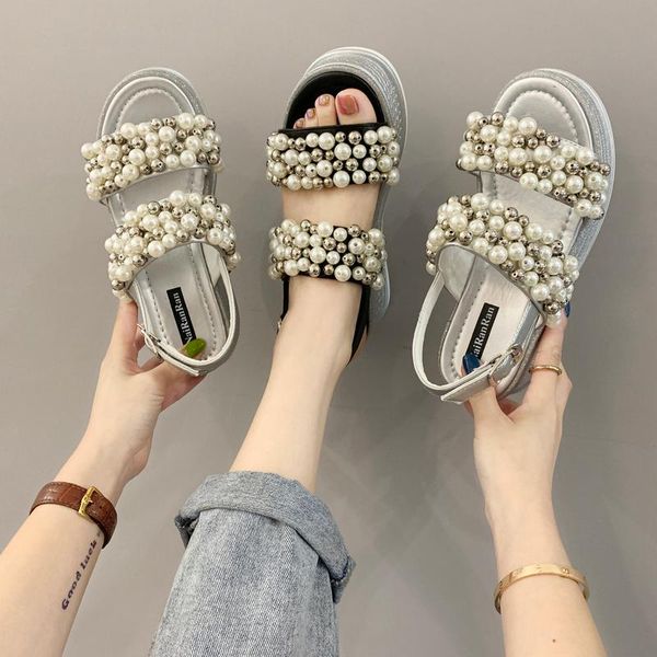 

sandals platform wedges shoes for women open toe pearl summer chunky black silver sandalias mujer