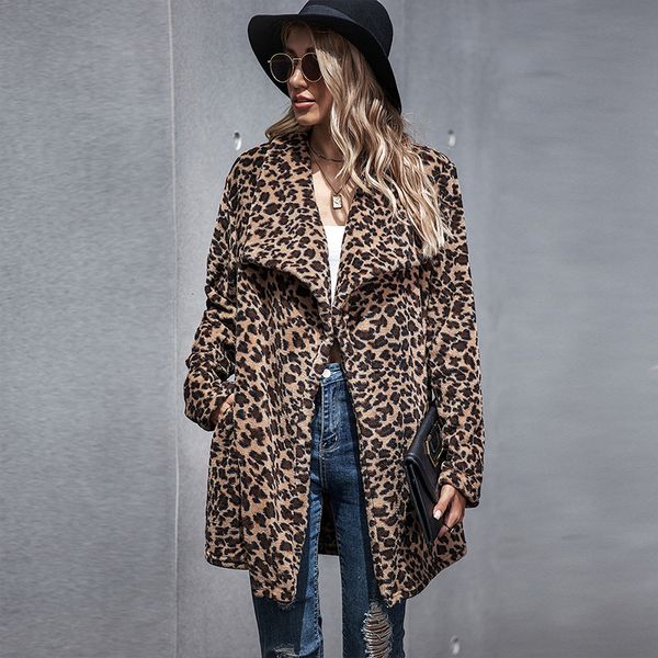 

2021 new leopardo vintage longo jaqueta feminina casaco outono inverno da pele do falso quente roupas de pelcia cardigan bluso outwear gnnh, Black;brown