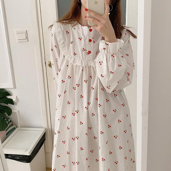 

women's sleepwear 2021 home dress children's autumn thin fresh cherry nightdress sweet pajama, Black;red