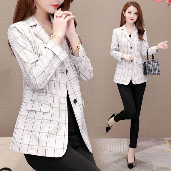 

2021 new autumn spring women casual blazer jacket female work office fashion pockets long sleeve slim plaid suit coat q121, White;black