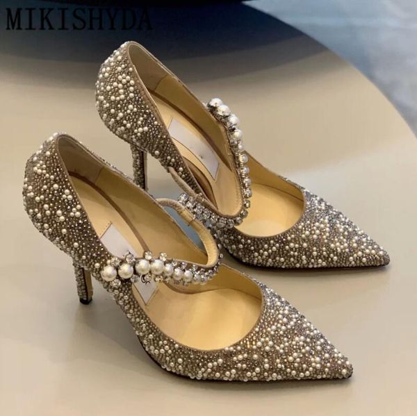 

dress shoes ladies pearl studded crystal sandalias summer bling rhinestone sandals woman wedding thin heels female party, Black